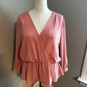 NWT Halogen Pink Wrap Peplum Blouse with 3/4 Sleeves